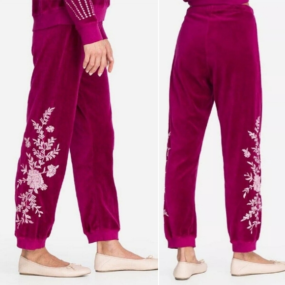 Johnny Was $225 'Leona' Velour Embroidered Jogger Pants Berry XS Boho Resortwear - Picture 1 of 11